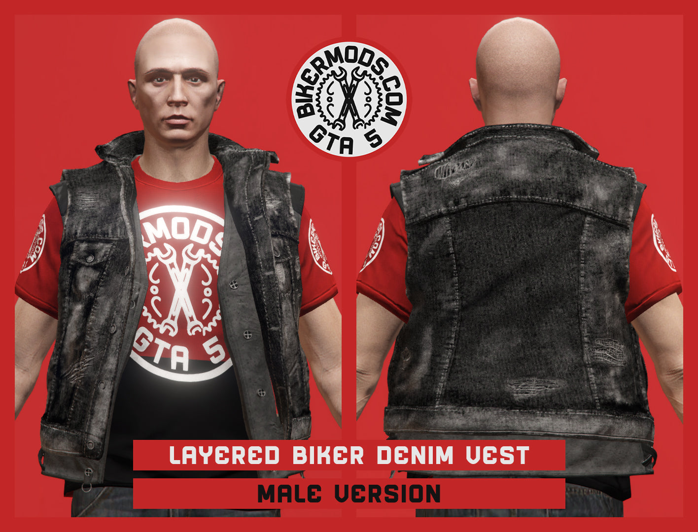 Layered Biker Black Denim Vest (Male)
