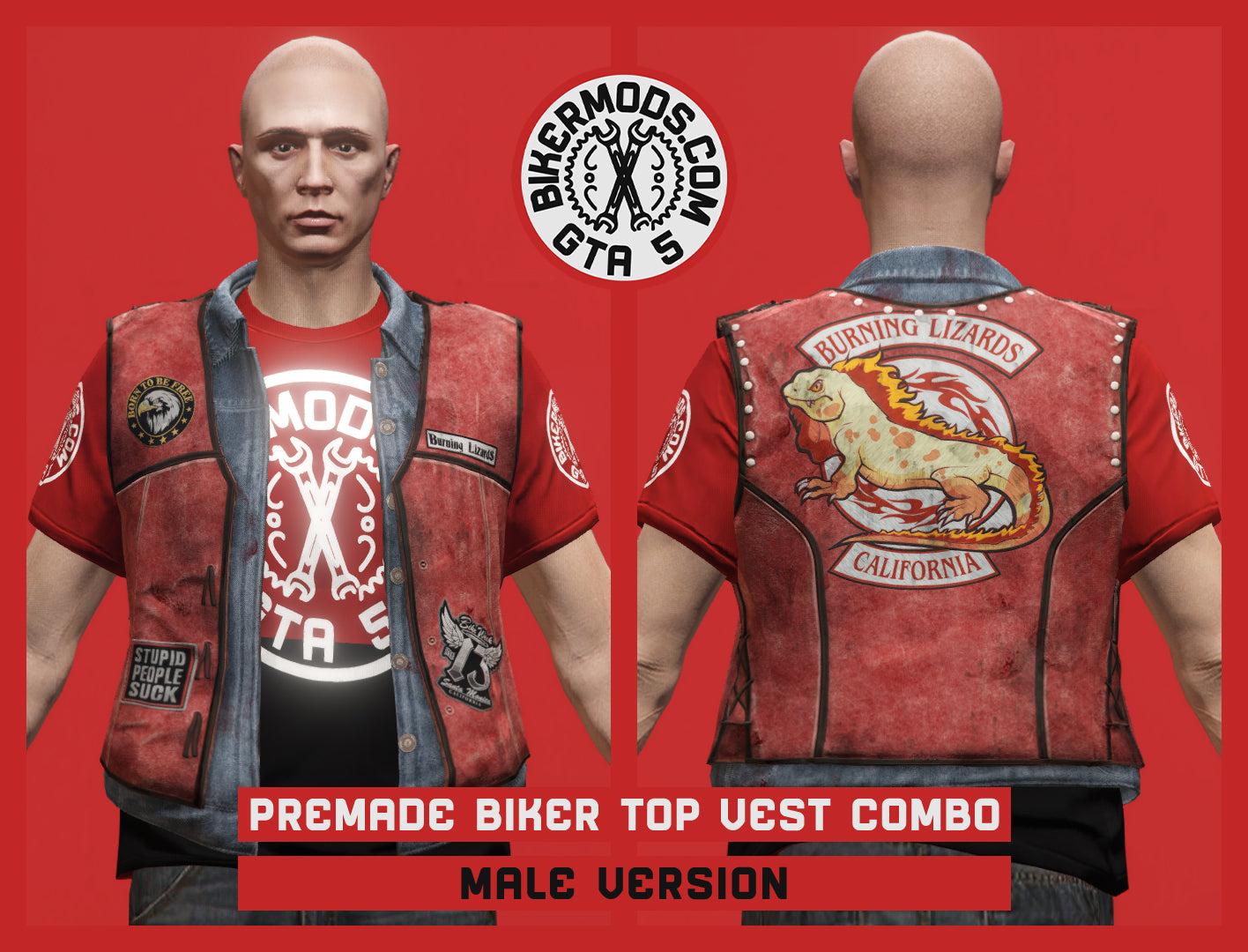 Premade Biker Top with Vest Combo (Male) Red Lizards Style