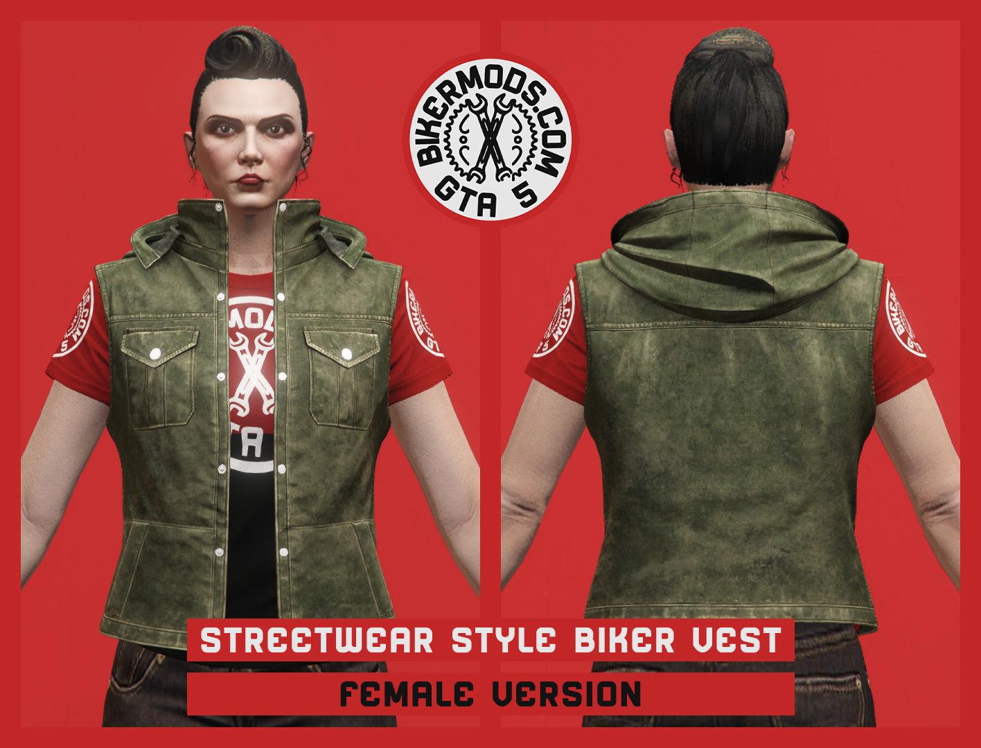 Streetwear Style Biker Vest (Female) with Hoodie Attached