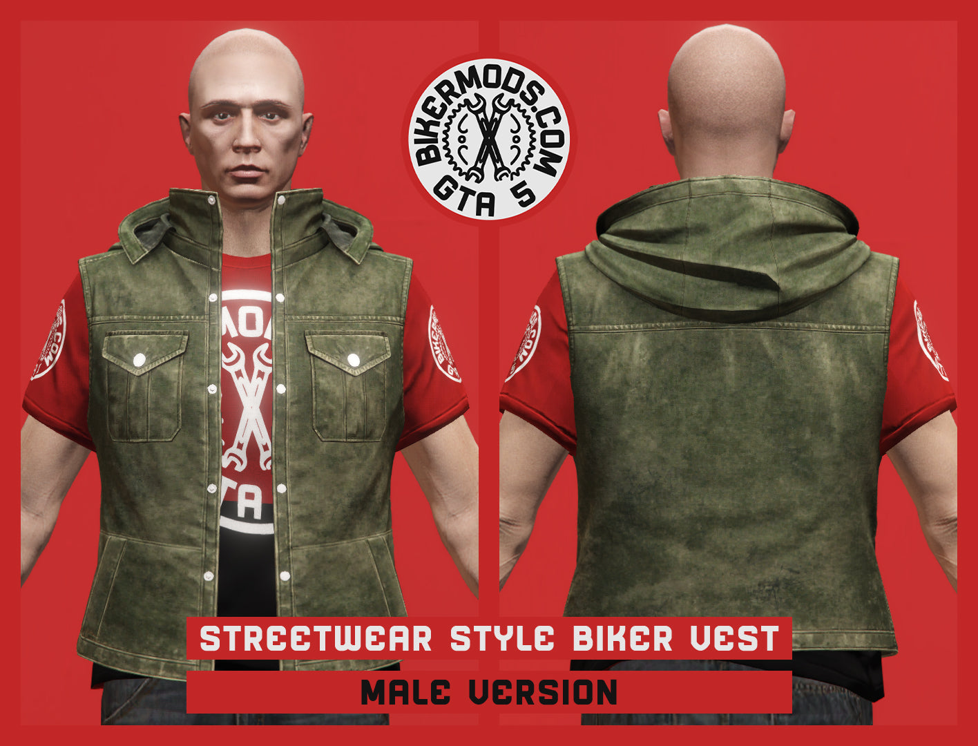 Streetwear Style Biker Vest (Male) with Hoodie Attached