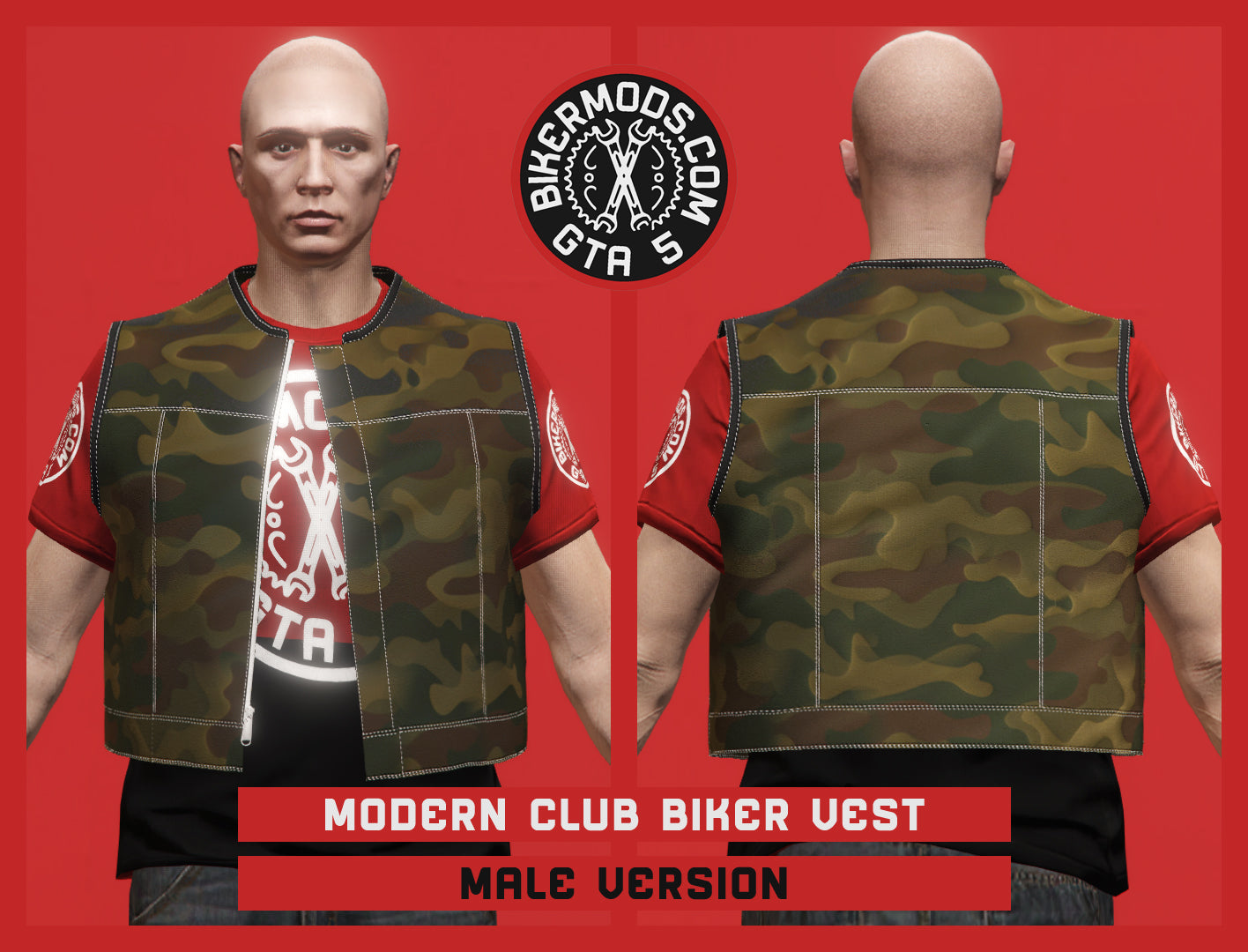 Camo Leather Modern Club Biker Vest (Male) Open Style