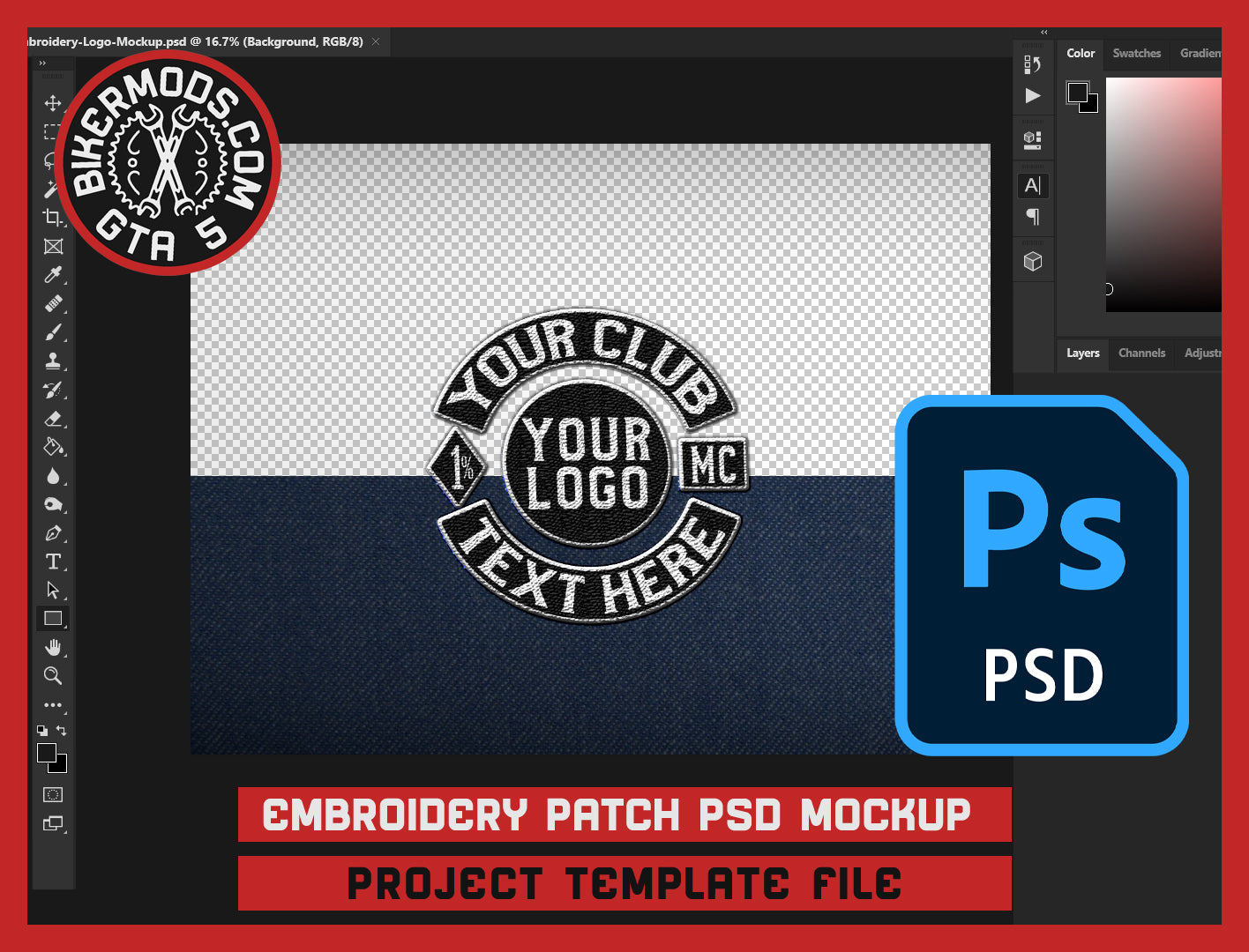 Embroidery Patch PSD Mockup Project Template File for Logos or Designs