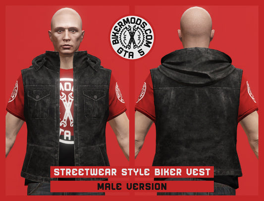 Streetwear Style Biker Black Vest (Male) with Hoodie Attached