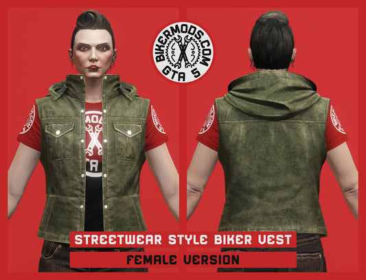 Streetwear Style Biker Vest (Female) with Hoodie Attached